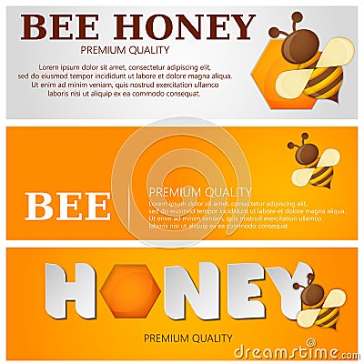 Honey label premium quality title. Paper cut style bee with honeycombs and Bee. Template design for banner Vector Illustration